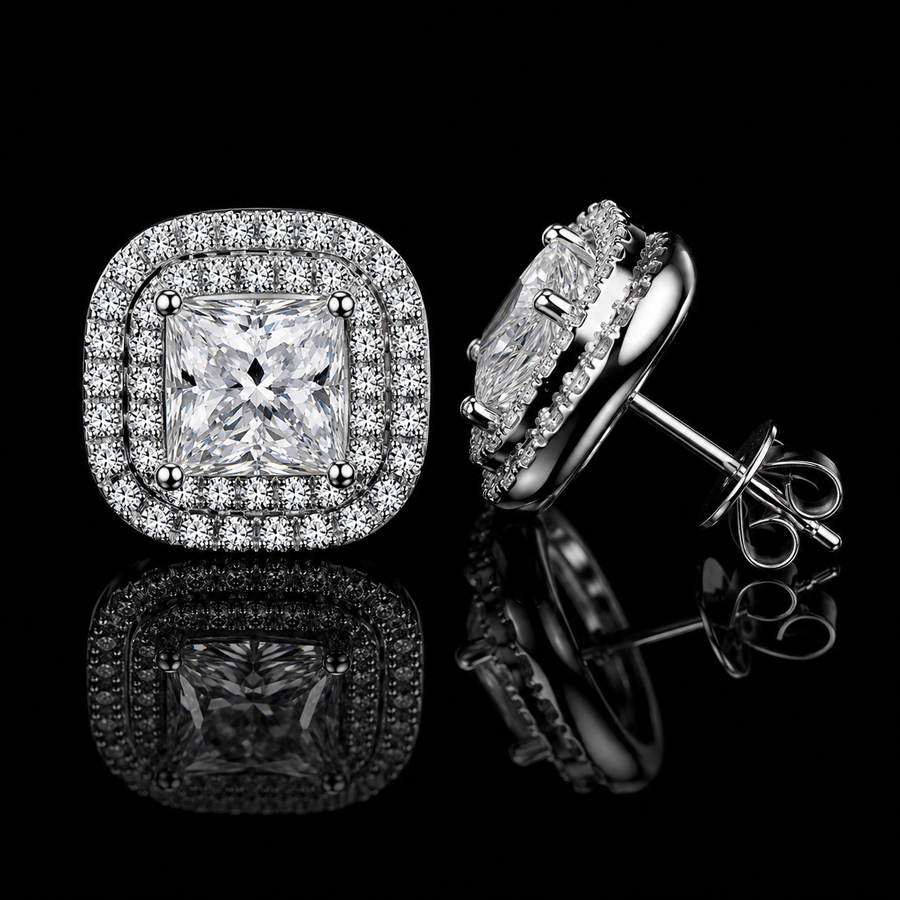 Radiant Square Halo Moissanite Stud Earrings