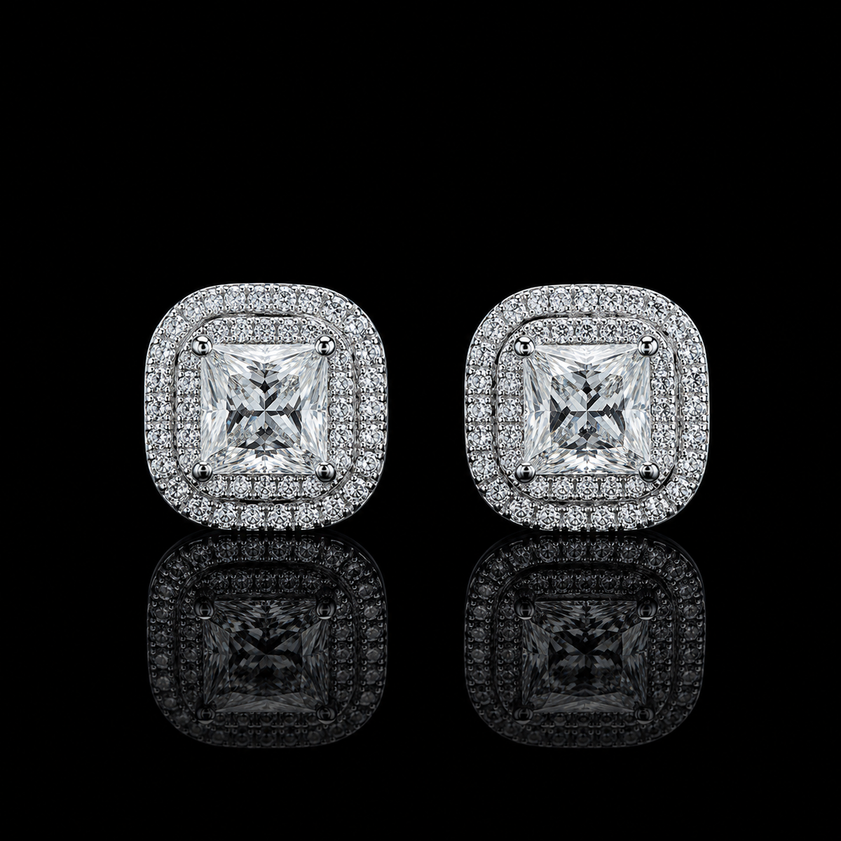 Radiant Square Halo Moissanite Stud Earrings