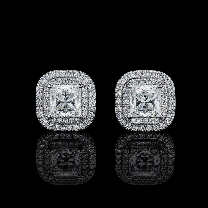 Radiant Square Halo Moissanite Stud Earrings