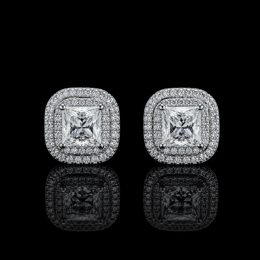 Radiant Square Halo Moissanite Stud Earrings